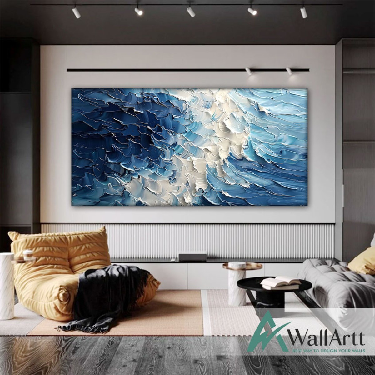 Abstract White Blue Waves II 3d Heavy Textured Partial Oil Painting
